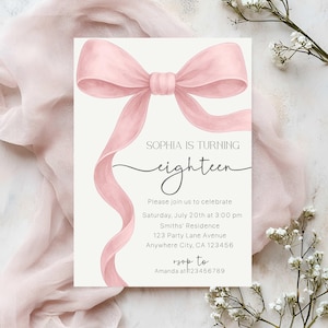 Editable Pink Bow 18th Birthday Invitation, Soft Blush Coquette 18th Birthday Party Invitation Template, 18th Birthday Party Invite For Girl