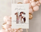 Sweet 16 Birthday Welcome Sign with Photo, Minimalist 16th Birthday Party Banner, Editable 16th Birthday Welcome Poster, Sweet 16 Signage