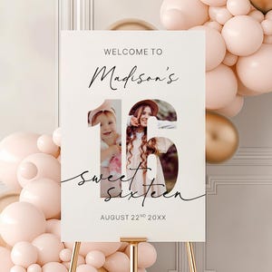 Sweet 16 Birthday Welcome Sign with Photo, Minimalist 16th Birthday Party Banner, Editable 16th Birthday Welcome Poster, Sweet 16 Signage