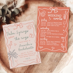 Editable Palm Springs Bachelorette Invitation Itinerary, Beach Coastal Bachelorette Weekend Itinerary, Hand Drawn Bachelorette Invitation