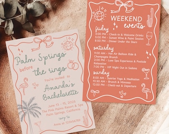 Editable Palm Springs Bachelorette Invitation Itinerary, Beach Coastal Bachelorette Weekend Itinerary, Hand Drawn Bachelorette Invitation