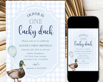 Bearbeitbar Eine Lucky Duck Blue Geburtstagseinladung, Blaue Entenballon 1. Geburtstagsvorlage, Blaue Gingham Duck Geburtstagseinladung