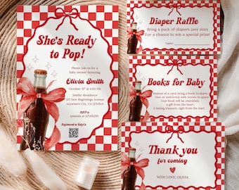 She's Ready To Pop Baby Shower Bundle, Editable Red and White Soda Theme Template Set (Digital Download)