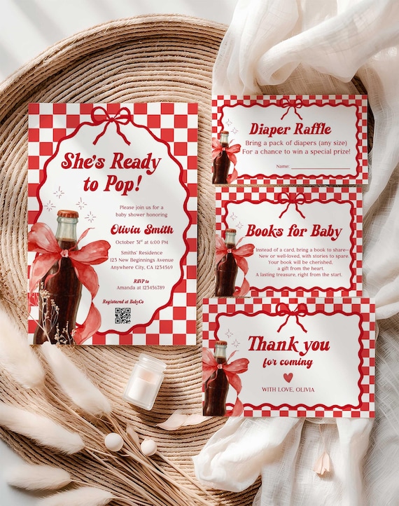 She's Ready To Pop Baby Shower Bundle, Editable Red and White Soda Theme Template Set (Digital Download)