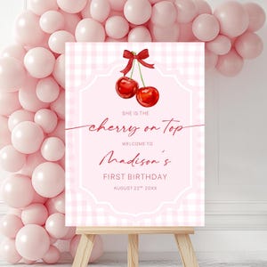 Editable Cherry on Top Birthday Welcome Sign, Pink Gingham Cherry First Birthday Poster, Cherry Theme 1st Birthday Welcome Sign Template