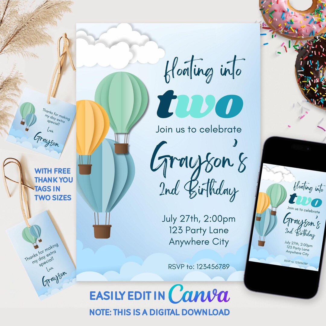Floating Invite Floating Into Two Second Birthday Invitation Boy Hot Air Balloon ...