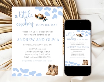 Little Cowboy Baby Shower Invitation, Editable A Little Cowboy Is On The Way Baby Shower Invite, Rodeo Wild West Baby Shower Invitation