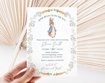 Invitation baby shower Pierre Lapin garçon, un petit lapin est sur le chemin Invitation baby shower, modèle Peter Rabbit bleu pour baby shower Lapin