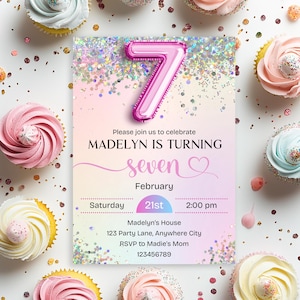 Editable 7th Birthday Invitation Girl, Pink 7th Birthday Invitation Template, Pink Glitter Rainbow Foil 7th Birthday Invitation Printable