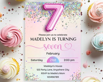 Editable 7th Birthday Invitation Girl, Pink 7th Birthday Invitation Template, Pink Glitter Rainbow Foil 7th Birthday Invitation Printable