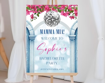 Editable Greek Island Welcome Sign, Hen Bachelorette Party Sign Template, Retro Disco Dancing Queen Themed Party Welcome Poster