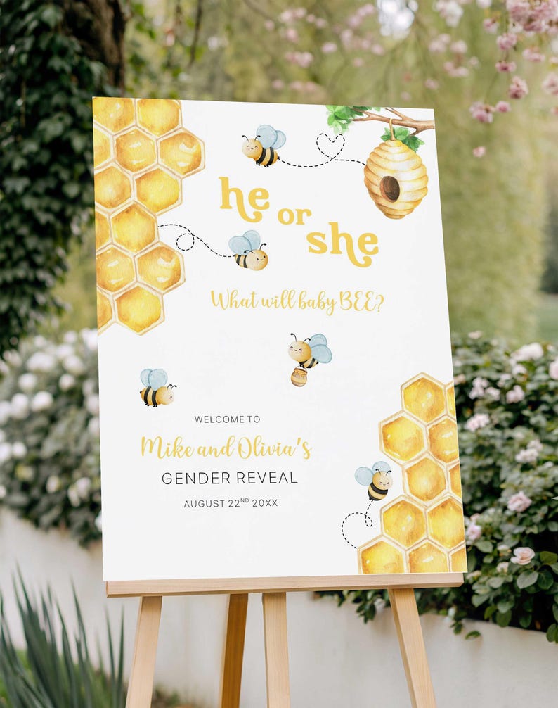 Bee Gender Reveal Welcome Sign, He or She Baby Shower Welcome Poster ...