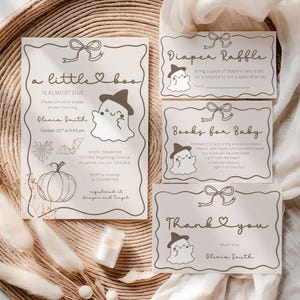 Babyshowerbundel babyshower, schattige spookpompoen babyshoweruitnodigingset, neutrale Halloween-sjabloonbundel babyshower