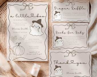 A Little Boo Is Almost Due Baby Shower Bundle, Cute Ghost Pumpkin Baby Shower Invitation Set, Neutral Halloween Baby Shower Template Bundle