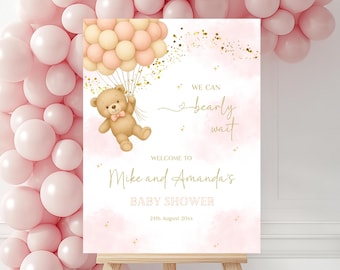 Teddybär-Mädchen-Babyparty-Willkommensschild, Wir können Bär tragen Schild für Mädchen, rosa Ballon-Bär-Babyparty-Dekor, Baby-Dusche-Plakat