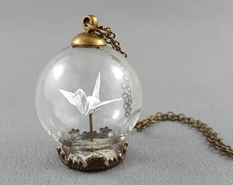 Origami Crane Necklace,Terrarium Jewelry,Paper Crane Necklace,First Anniversary Gift,Paper Anniversary,Origami Wedding,Crane Pendant,Tsuru