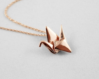 10k Rose Gold Paper Crane Necklace,Mother of the Bride Gift,Origami Crane Necklace,Wedding Gift,First Anniversary Gift,Rose Gold Necklace