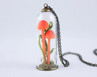 Glowing Orange Mushroom Pendant,Moss Terrarium Jewelry,Mushroom Necklace,Mycology,Woodland Necklace, Woodland Jewelry,Wild Mushroom Necklace