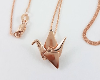 14k Rose Gold Paper Crane Necklace,Origami Crane Necklace,Paper Crane Jewellery,Paper Crane Gift,First Anniversary Gift,3D Printed Jewelry