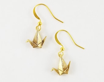 Boucles d'oreilles grue en papier en laiton,Cadeau de premier anniversaire,Boucles d'oreilles grue en origami,Bijoux grue en papier,Boucles d'oreilles grue en papier,Anniversaire de famille en papier,Or