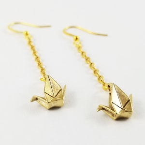 Brass Earrings,First Anniversary Gift,Origami Crane Earrings,Brass Jewelry,Paper Crane Earrings,Paper Anniversary,Origami Gift,Drop Earrings