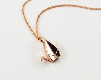 10K Rose Gold Origami Crane Necklace,Origami Crane Necklace,Paper Crane Jewelry,Paper Crane Charm,First Anniversary Gift,Rose Gold Necklace