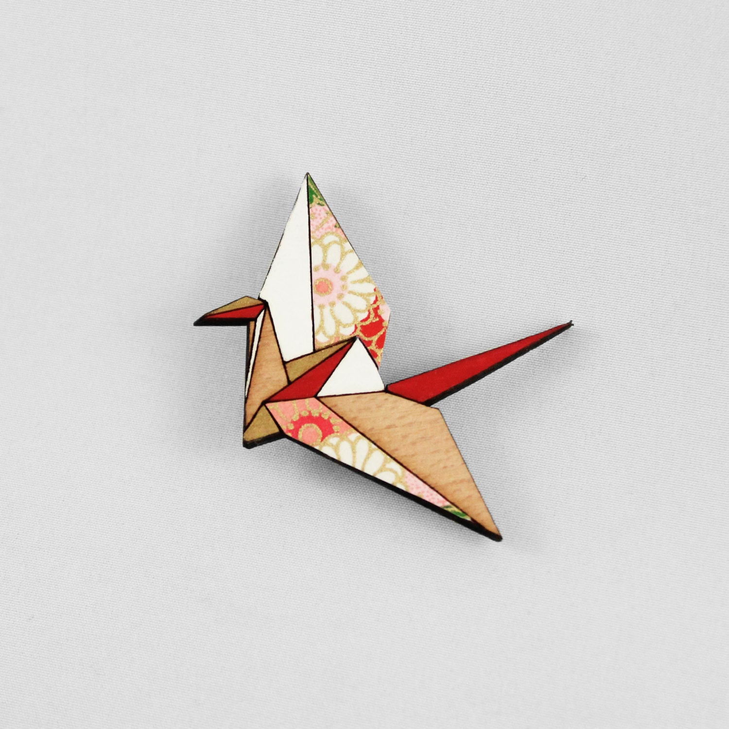 Red Origami Paper Crane Brooch,Lasercut Wood Brooch,Japanese Paper Brooch,Origami Jewellery,Paper Anniversary Gift,Paper Crane Jewellery