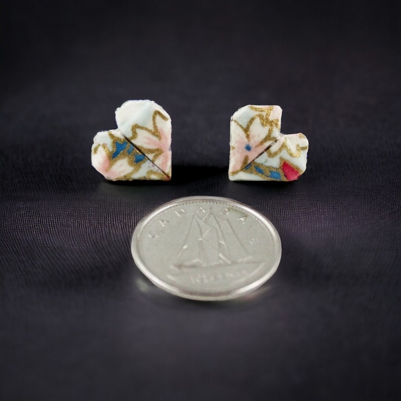 Origami Heart Earrings, Origami Jewelry, Heart Stud Earring, Valentine's Day Jewelry, Baby Blue & Pink Blossom Japanese Paper. image 3