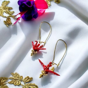 Red and Gold Origami Crane Drop Earrings, Paper Crane Jewelry, Origami Earrings, Tsuru Jewelry, Paper Crane Earrings, Paper Gifts, Earrings