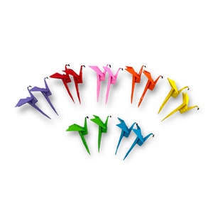 May include: A set of 10 colorful origami cranes in a rainbow pattern. The cranes are made of paper and are folded into the traditional crane shape.