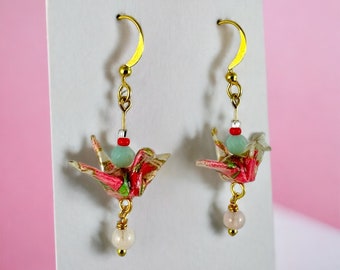Origami Paper Crane Earrings, Paper Jewelry, Origami Jewelry, Bird Earrings, Lucky Earrings, Peruvian Opal, Rose Quartz, Peach & Mint