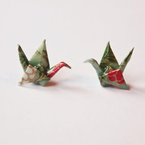 Origami Crane Stud Earrings: Floral Chiyogami Paper, Sterling Silver Posts