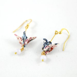 Blue Lily Origami Crane Earrings with Chalcedony and Blue Swarovski Crystals