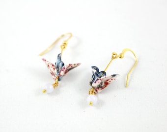 Blue Lily Origami Crane Earrings with Chalcedony and Blue Swarovski Crystals