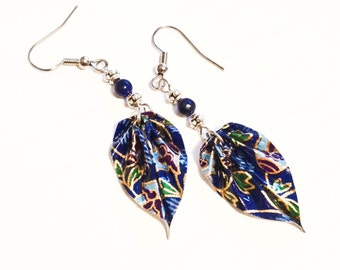 Origami Leaf Earrings, Handmade Origami Jewelry, Origami Earrings, Paper Jewelry, with Lapis Lazuli.