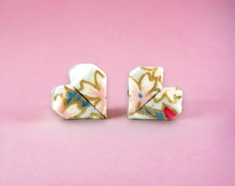 Origami Heart Stud Earrings: Japanese Chiyogami Paper, Floral 925 Silver Posts