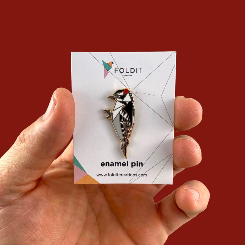 Downy Woodpecker Enamel Pin,Bird Enamel Pin,Origami Jewelry,Downy Woodpecker pin,Bird Lover,Bird Gift,Bird Pins,Bird Watcher,Bird image 5