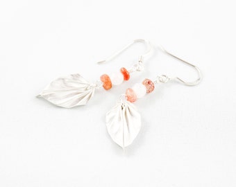 Handmade Silver Origami Dangling Leaf Earrings, Origami Jewelry, Leaf Jewelry, Silver Leaf Earring with Sunstone & Aquamarine