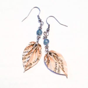 Upcycled Book Origami Leaf Earrings, Green Aventurine Beads, Literary Gift