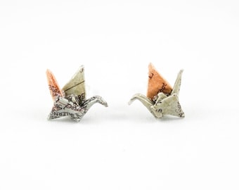 Map Jewelry,Vintage Map Origami Crane Earring,Origami Jewelry,Origami Earrings,Paper Jewelry,Travel Earrings with Sterling Silver Studs,Map