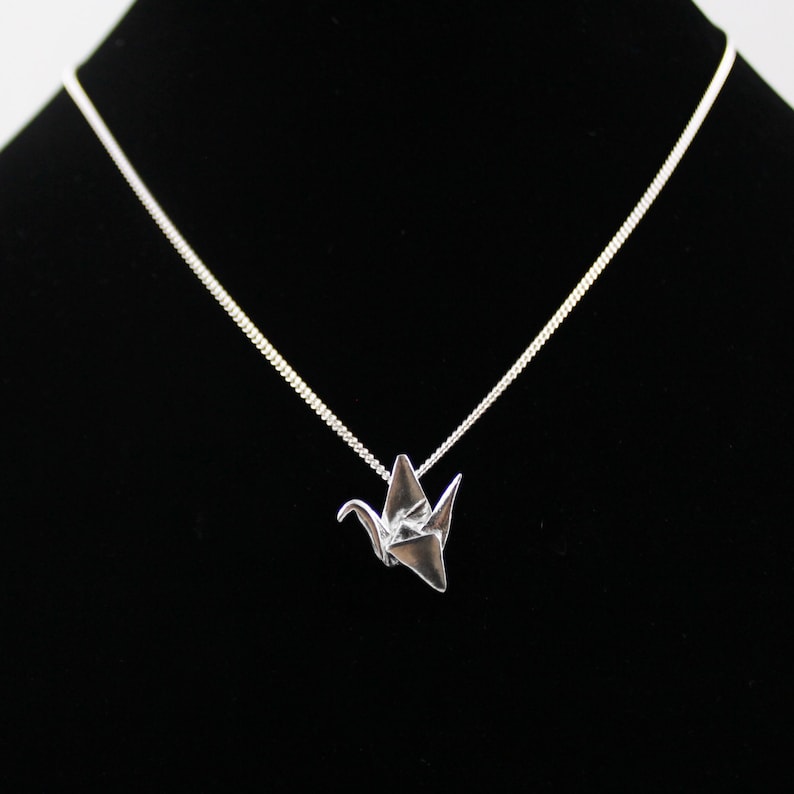 Silver Origami Crane Pendant,Paper Crane Jewelry,Valentines Day,First Anniversary Gift,Origami Crane Necklace,Paper Anniversary,3D Printed image 1