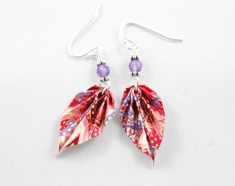 Red and Purple Origami Leaf Earrings with Amethyst