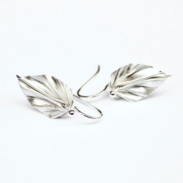 Fine Silver Origami Dangling Leaf Earrings, Silver Leaf Earrings, Nature Jewelry, Eco Jewelry, Upcycled Jewelry, PMC Fine Silver Earrings