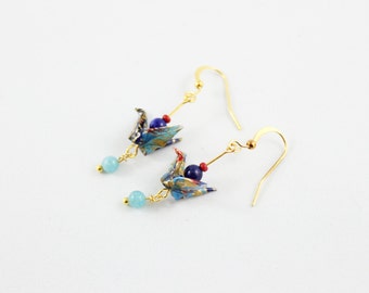 Shades of Blue Origami Crane Earrings with Teal Jade and Lapis Lazuli