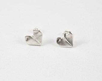 Handmade Silver Origami Heart Stud Earrings, Origami Jewelry, Valentine's Day Gift, Heart Studs, Cute Studs, Tiny Post Earring, Silver Heart