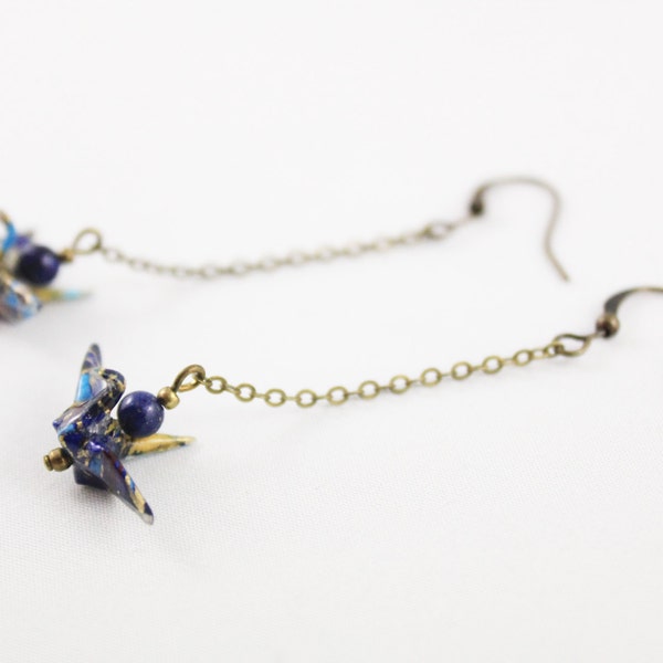 Origami Crane Earrings,Bijoux Origami,Paper Crane Earrings,Paper Anniversary Gift,First Anniversary Gift,Cute Earrings,Lapis Lazuli Earring