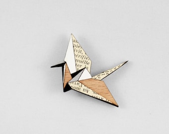 Book Lover Gift,Lasercut Wooden Brooch,Origami Paper Crane Brooch,Book Worm Gift,Paper Anniversary Gift,Paper Crane Jewellery,Book Love Gift