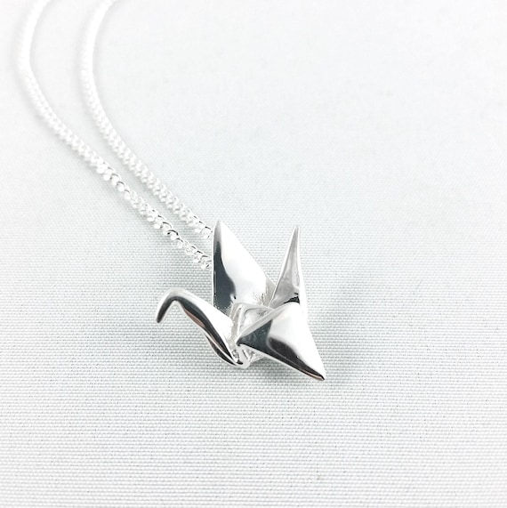 Sterling Silver Origami Paper Crane Necklace, Paper Anniversary Gift for Her, Minimalist Japanese Jewelry