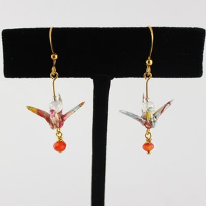 Colourful Origami Crane Earrings with Quartz and Carnelian
