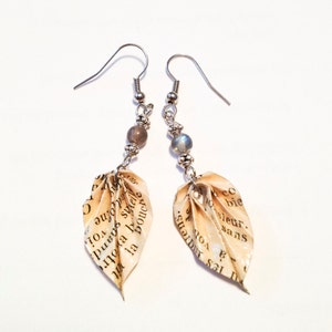 Origami Leaf Earrings: Upcycled Vintage Book Paper, Labradorite Beads